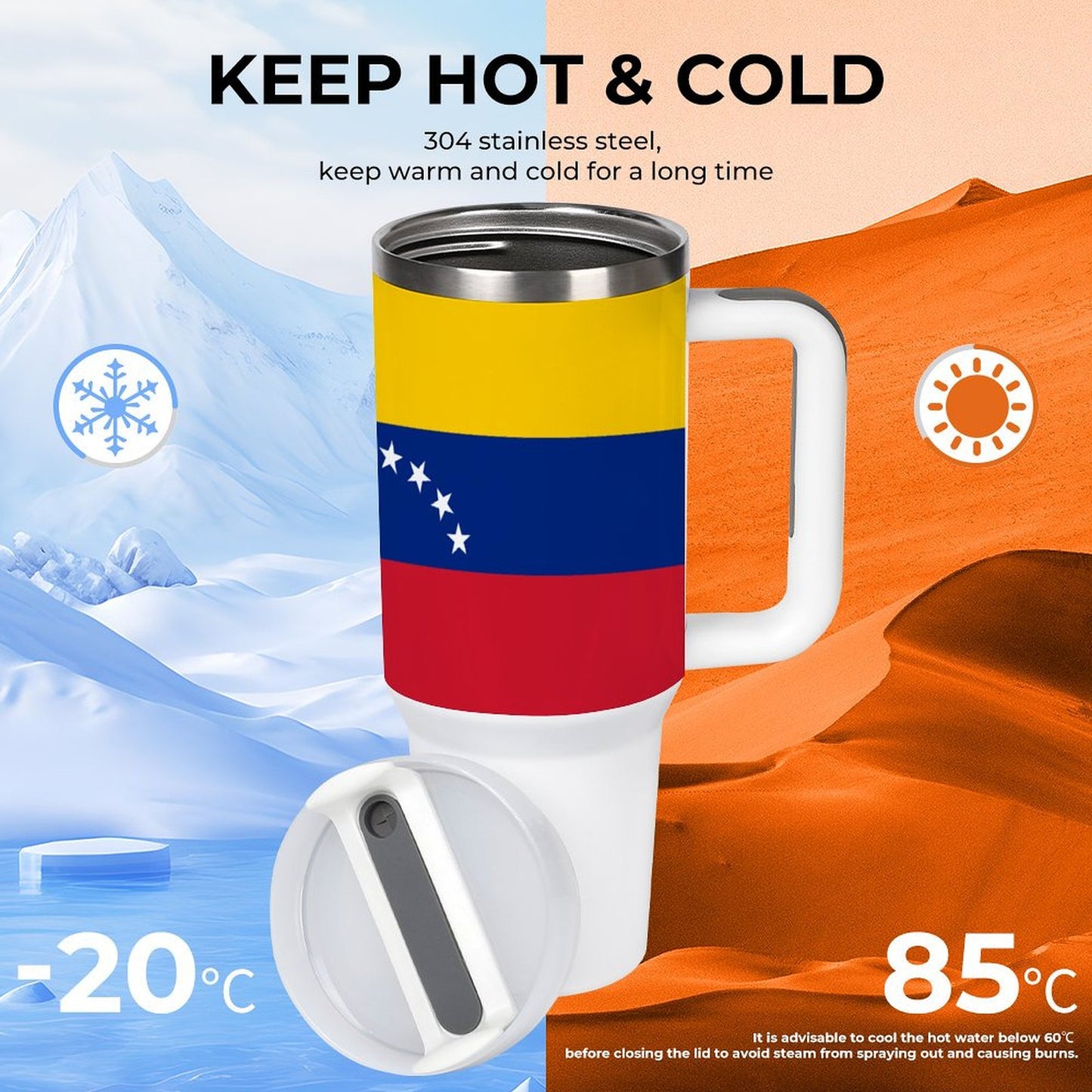 [Brand] travel mug with Venezuela flag, handles hot and cold.