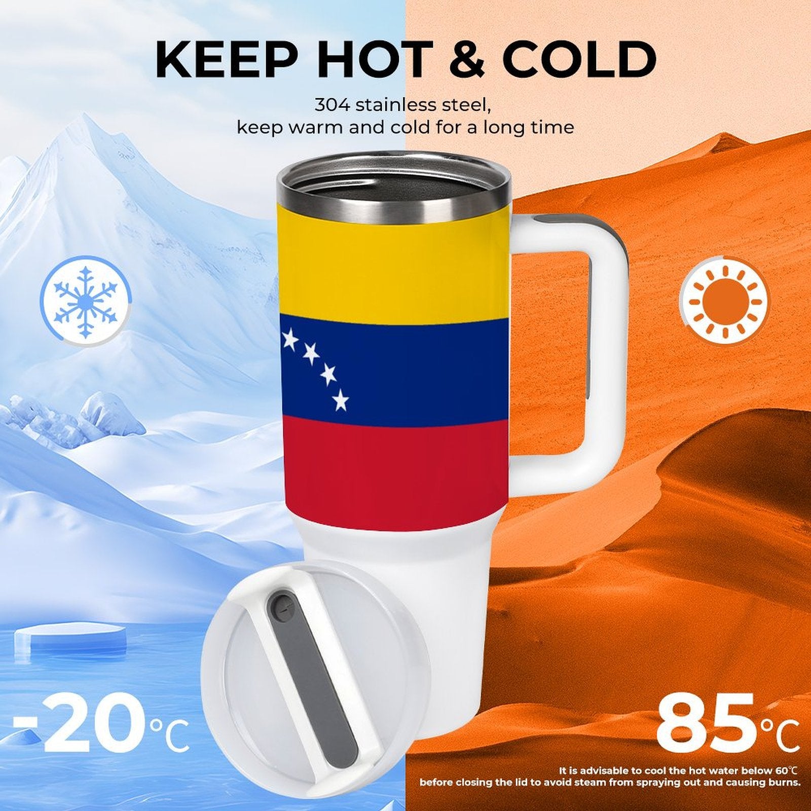 [Brand] travel mug with Venezuela flag, handles hot and cold.