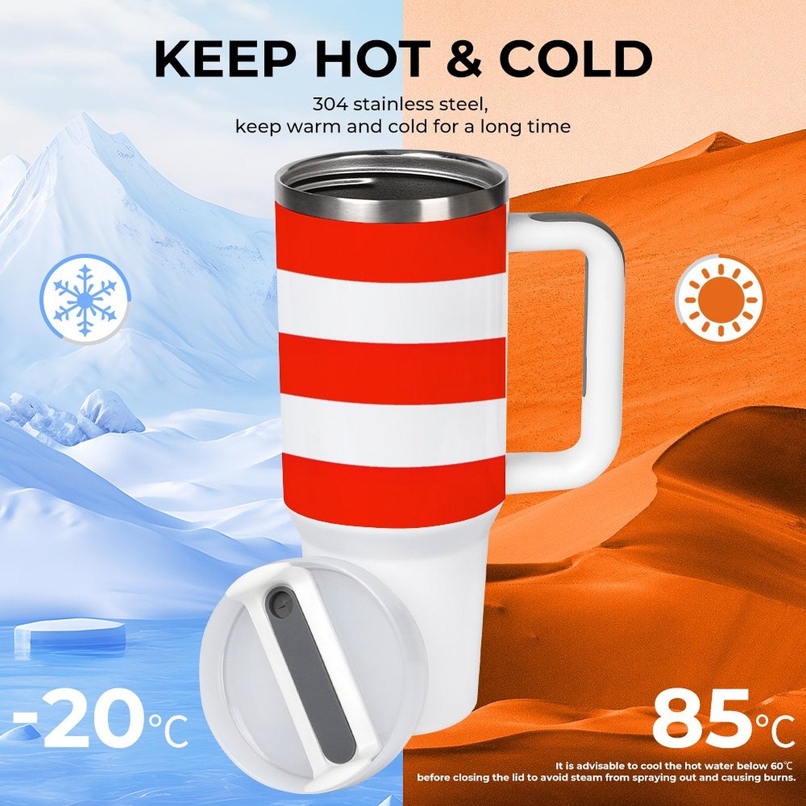 [Brand] insulated mug keeps drinks hot or cold efficiently.