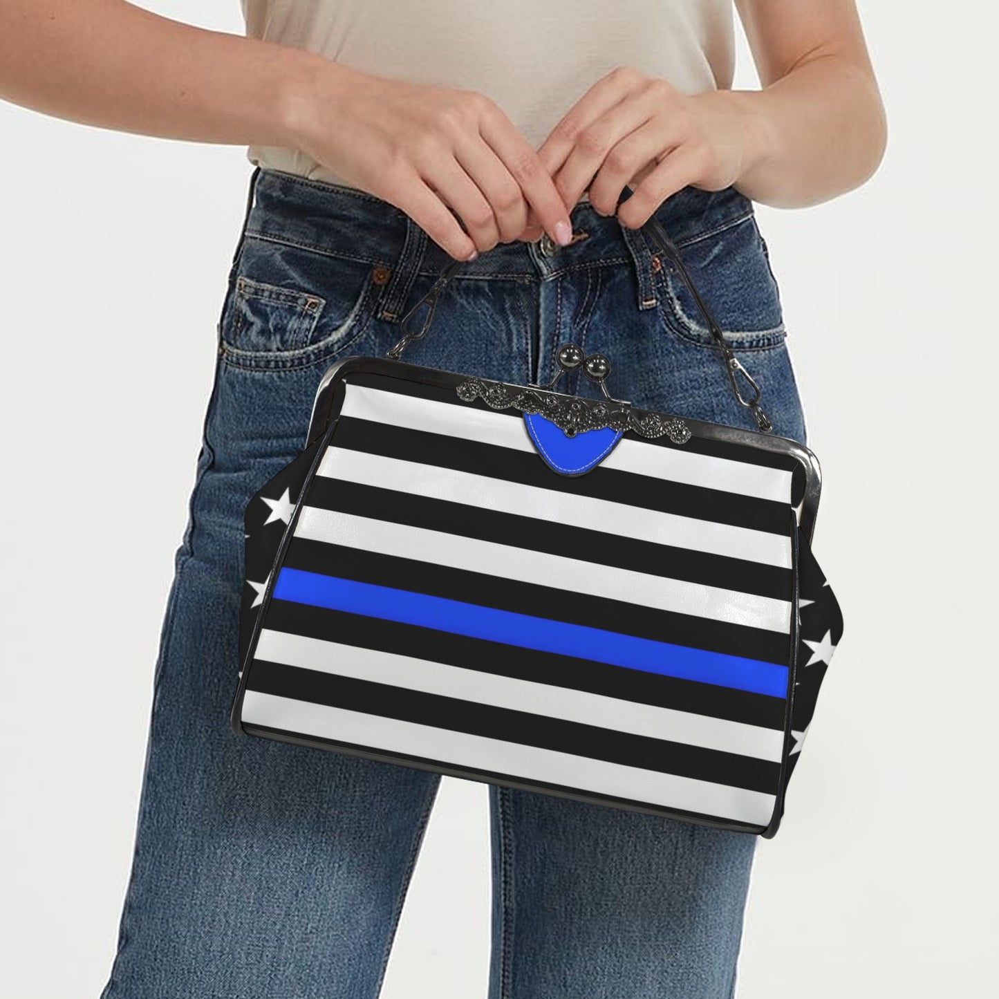 Thin Blue Line Flag Inspired Kisslock Crossbody Shoulder Bag