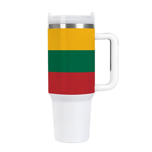 [Brand] travel mug with Lithuanian flag design; white handle.