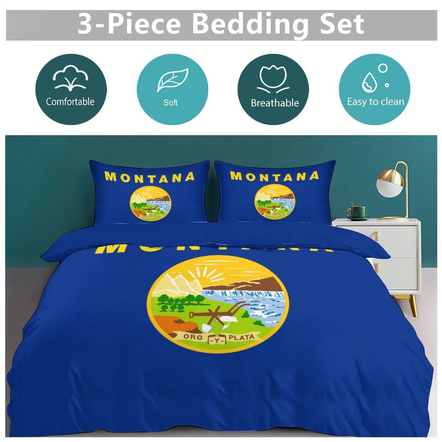 Montana Flag Inspired 3-Piece Bedding Set (1 Duvet Cover + 2 Pillow Shams) – 102"×90"