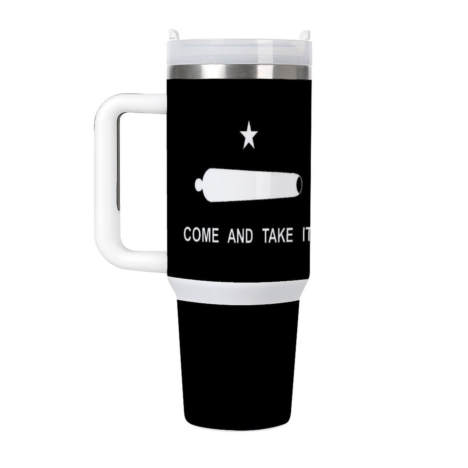 [Brand] travel mug featuring historical "Come and Take It" design.