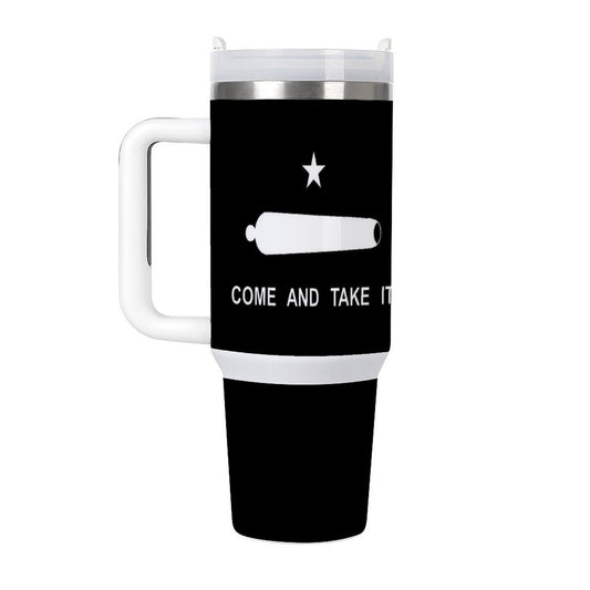 [Brand] travel mug featuring historical "Come and Take It" design.