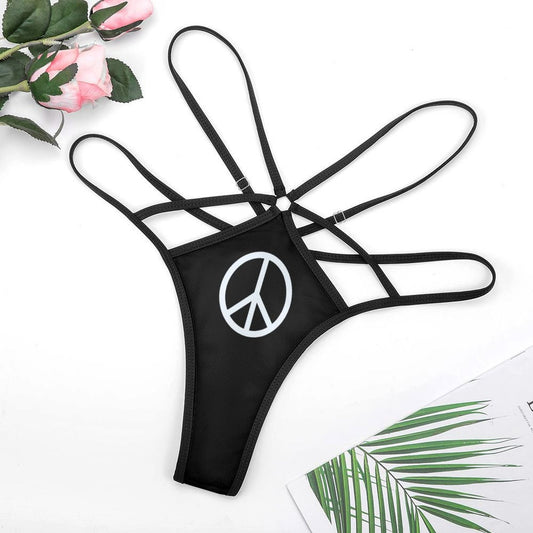Black strappy thong with peace symbol by [Brand]. Pink flowers.