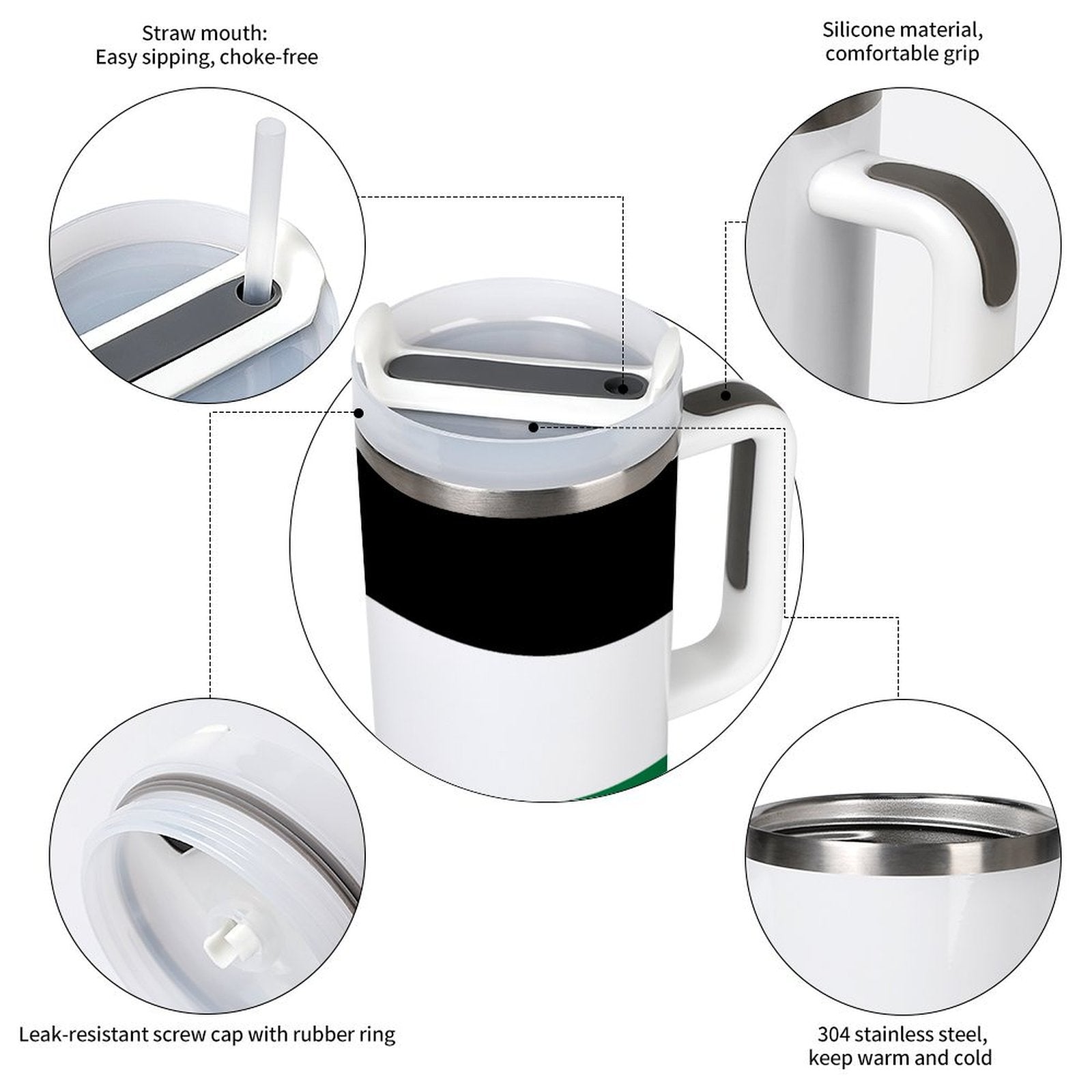 [Brand] insulated mug with straw, silicone grip, stainless steel.