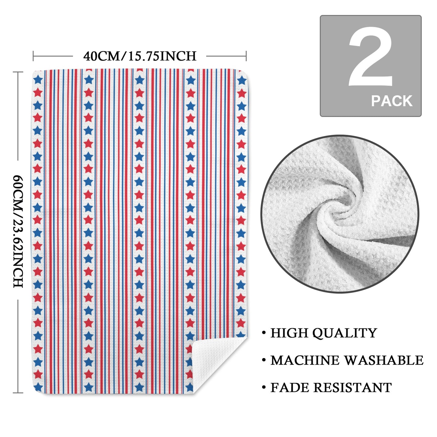 USA/American Flag Inspired Stars & Stripes Pattern Kitchen Towel 40X60cm (Pack of 2) (Made in the USA)