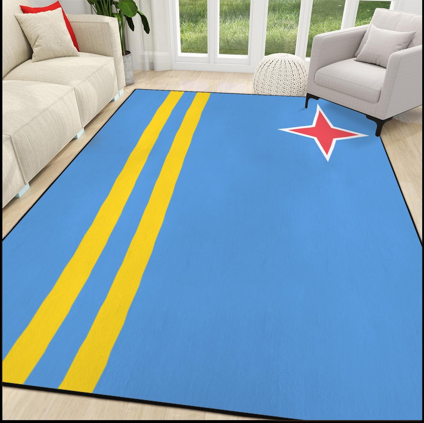 Aruba Flag Inspired 84x60 Inch Area Rug with Black Binding (Made in the USA)