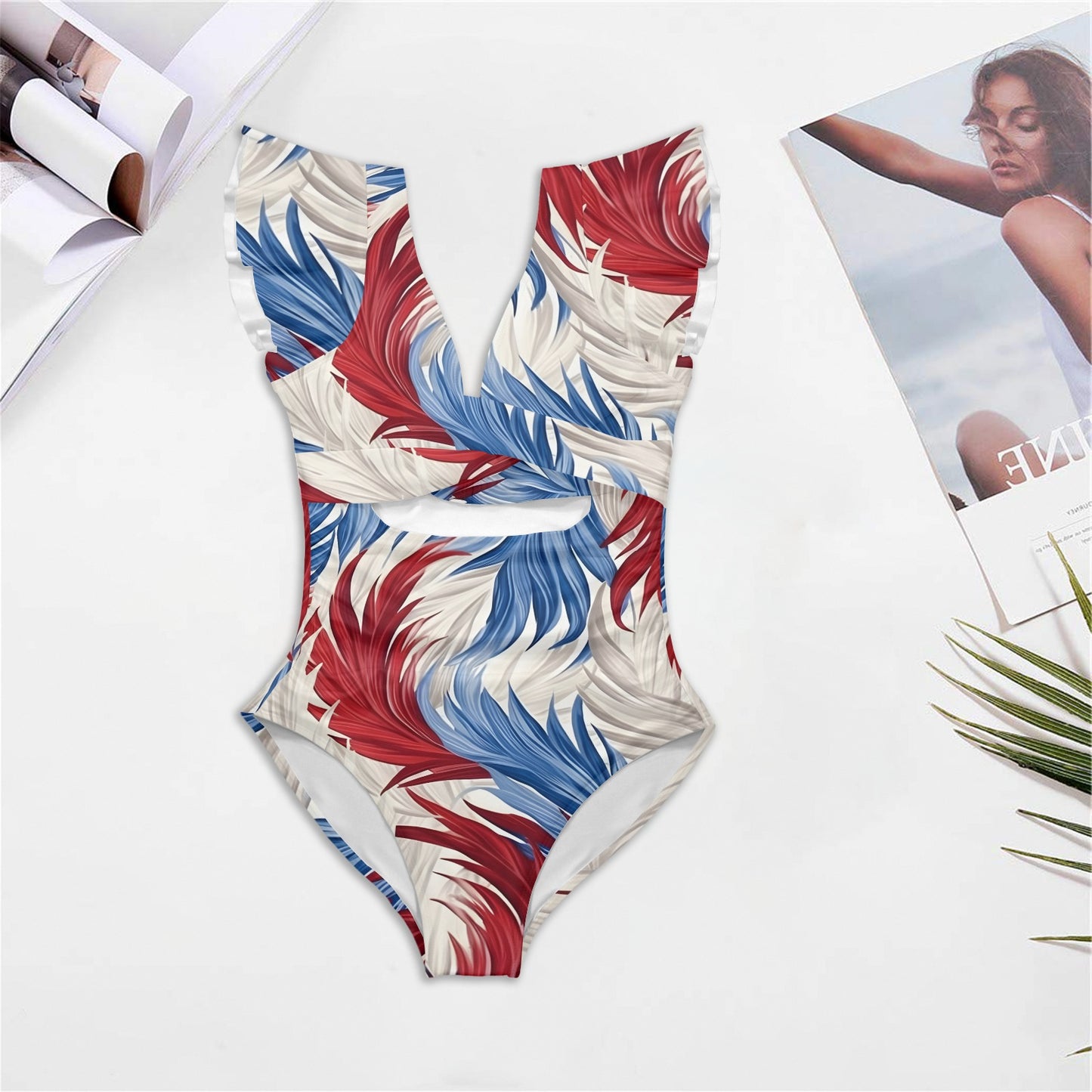 USA/American Flag Inspired Feather Pattern Women's Twist Front Ruffle Sleeve Swimsuit