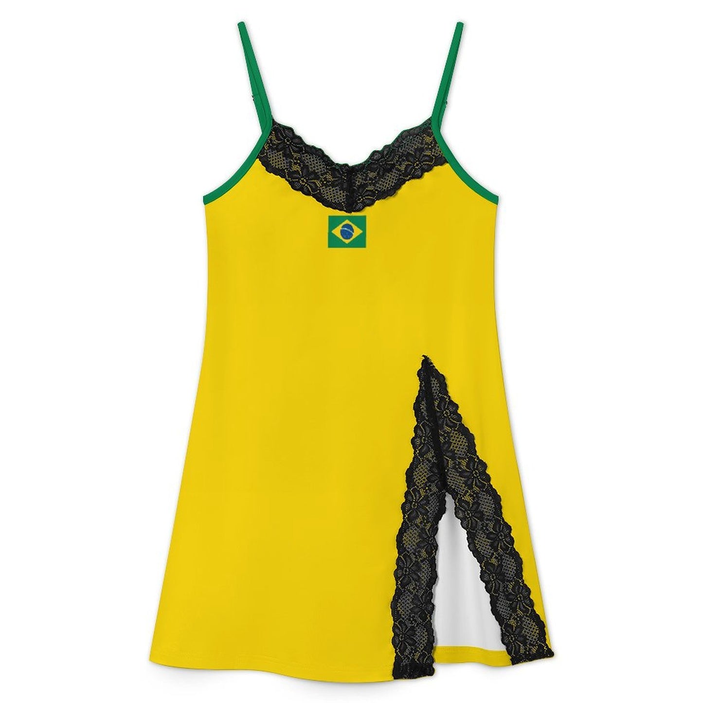 Brazil Flag Inspired Style-2 Women's Lace Slit Cami Pajama Dress