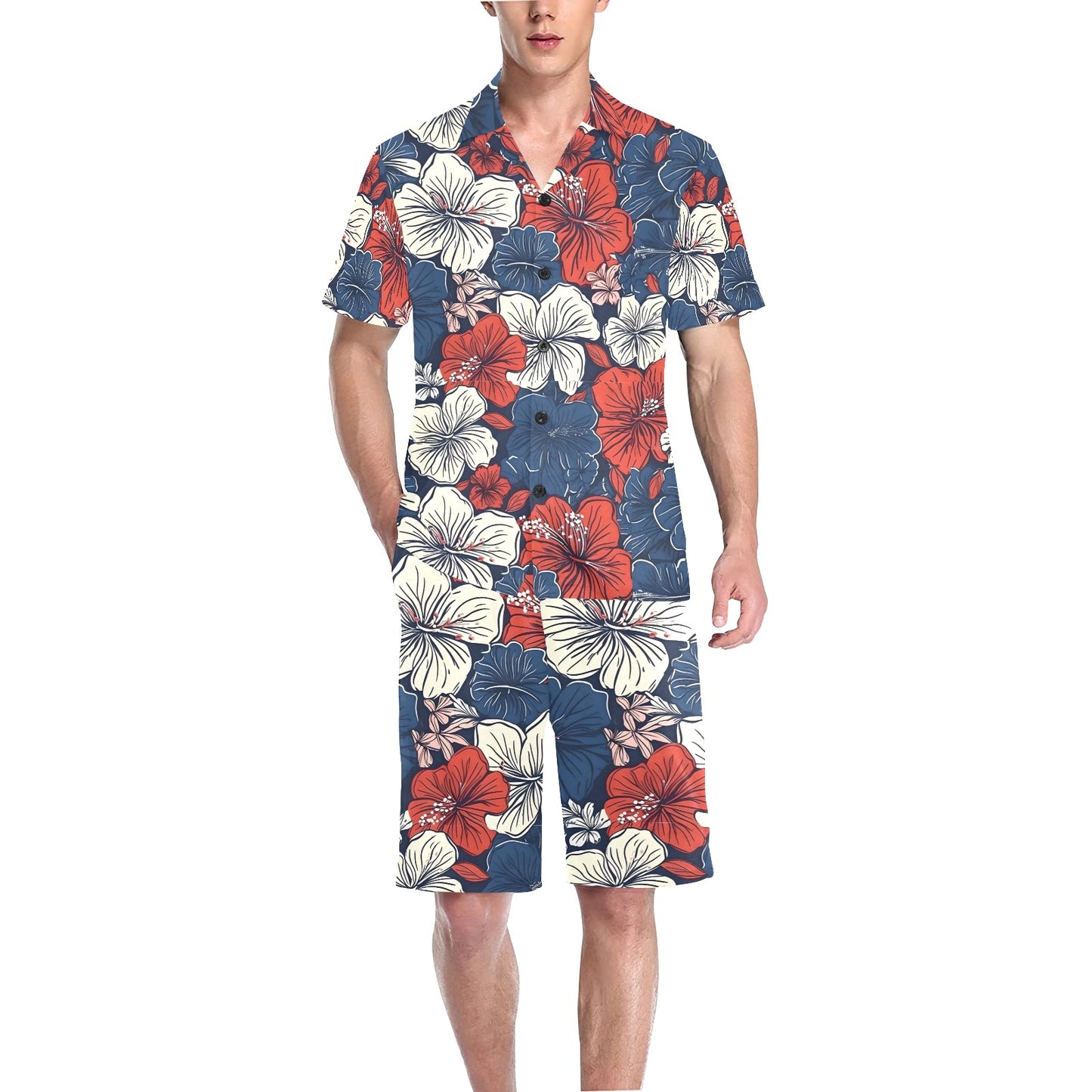 Male model in [Brand] floral Hawaiian shirt and shorts.