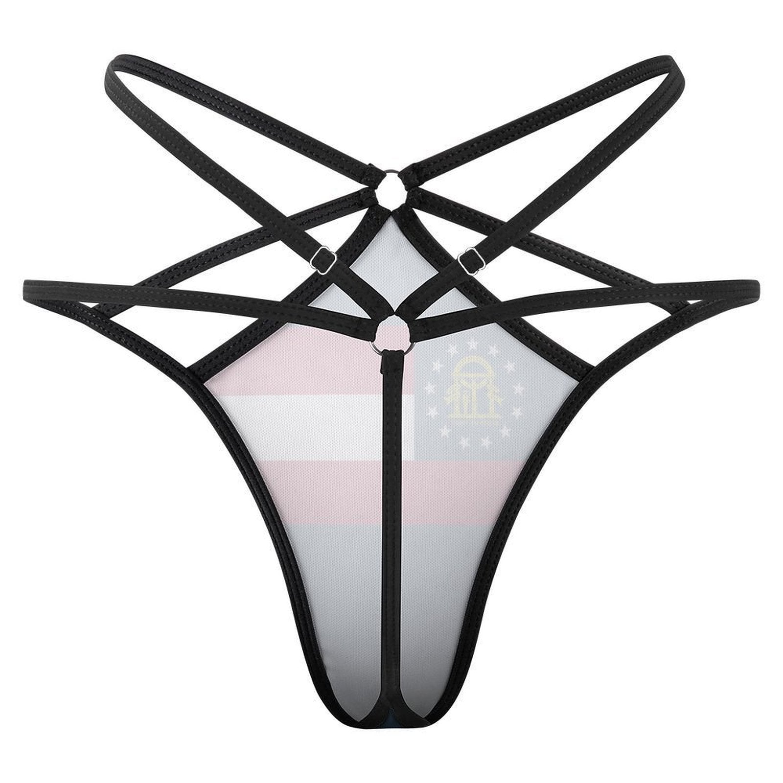 [Brand] strappy black harness with Georgia flag print design.
