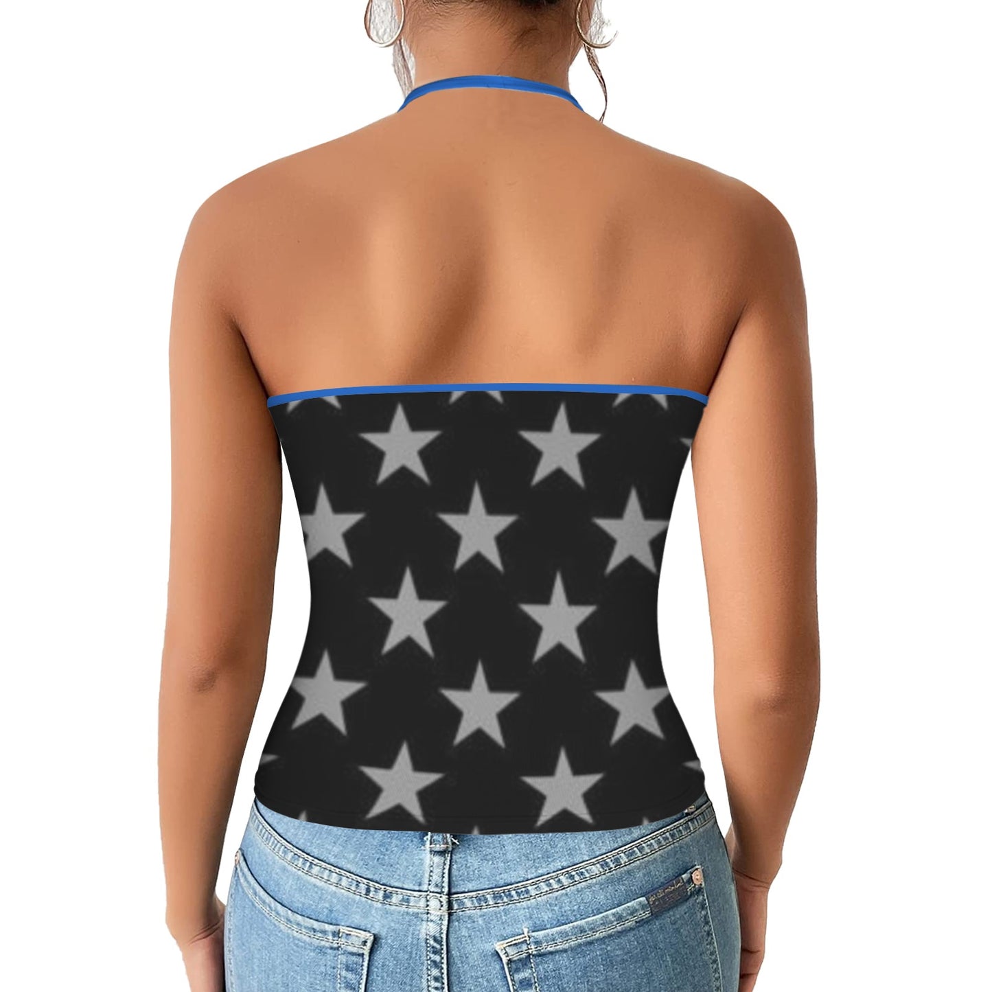 Thin Blue Line Flag Inspired Snake V-neck Halter Open Back Tank Top