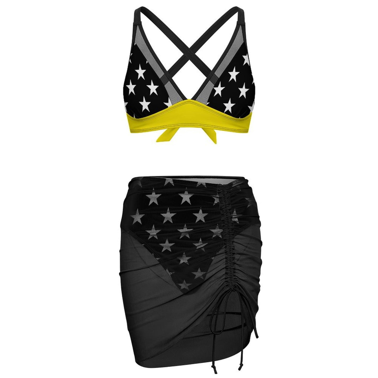 Thin Gold Line Flag Inspired Style-2 Women's Mesh Drawstring Skirt and Swimsuit Set