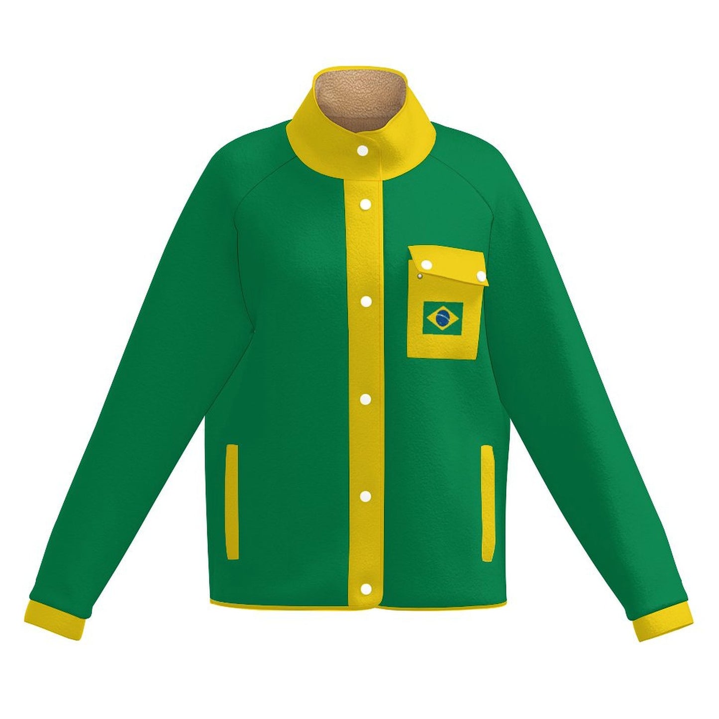Brazil Flag Inspired Women's Stand Collar Fleece Jacket