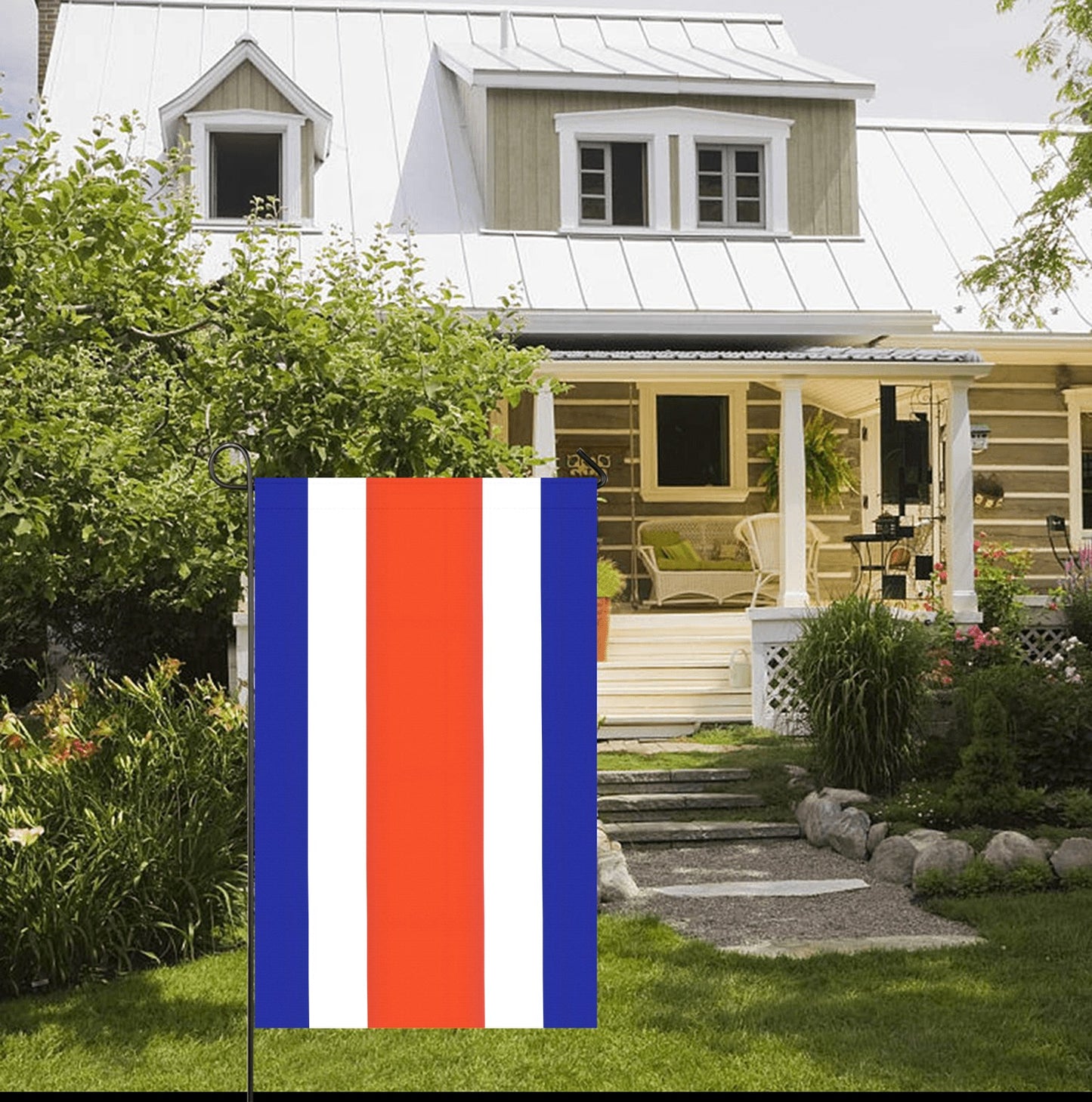 [Luv My Flag] red, white, blue flag outside charming cottage.