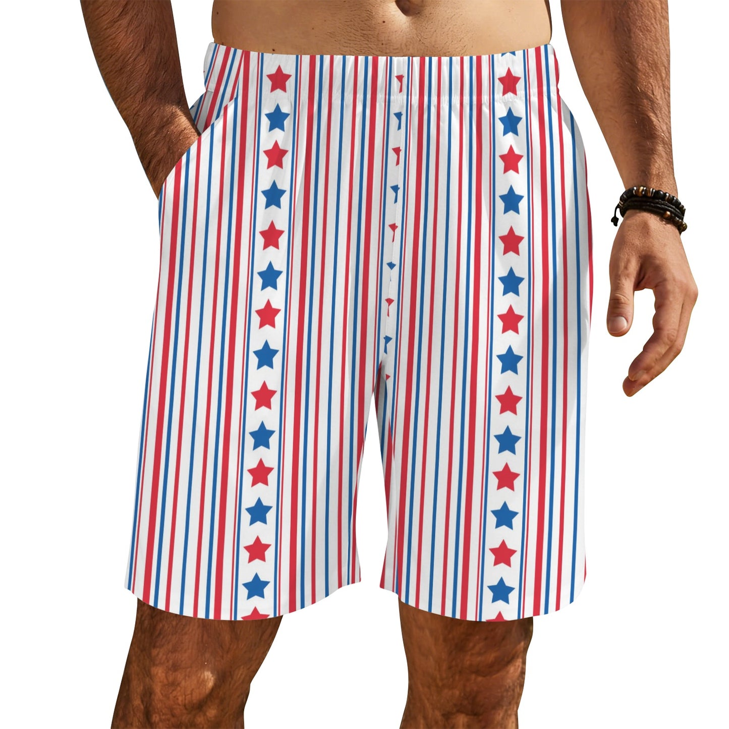 USA/American Flag Inspired Stars & Stripes Pattern Men’s Draw String Pocket Beach Shorts Printed in the USA