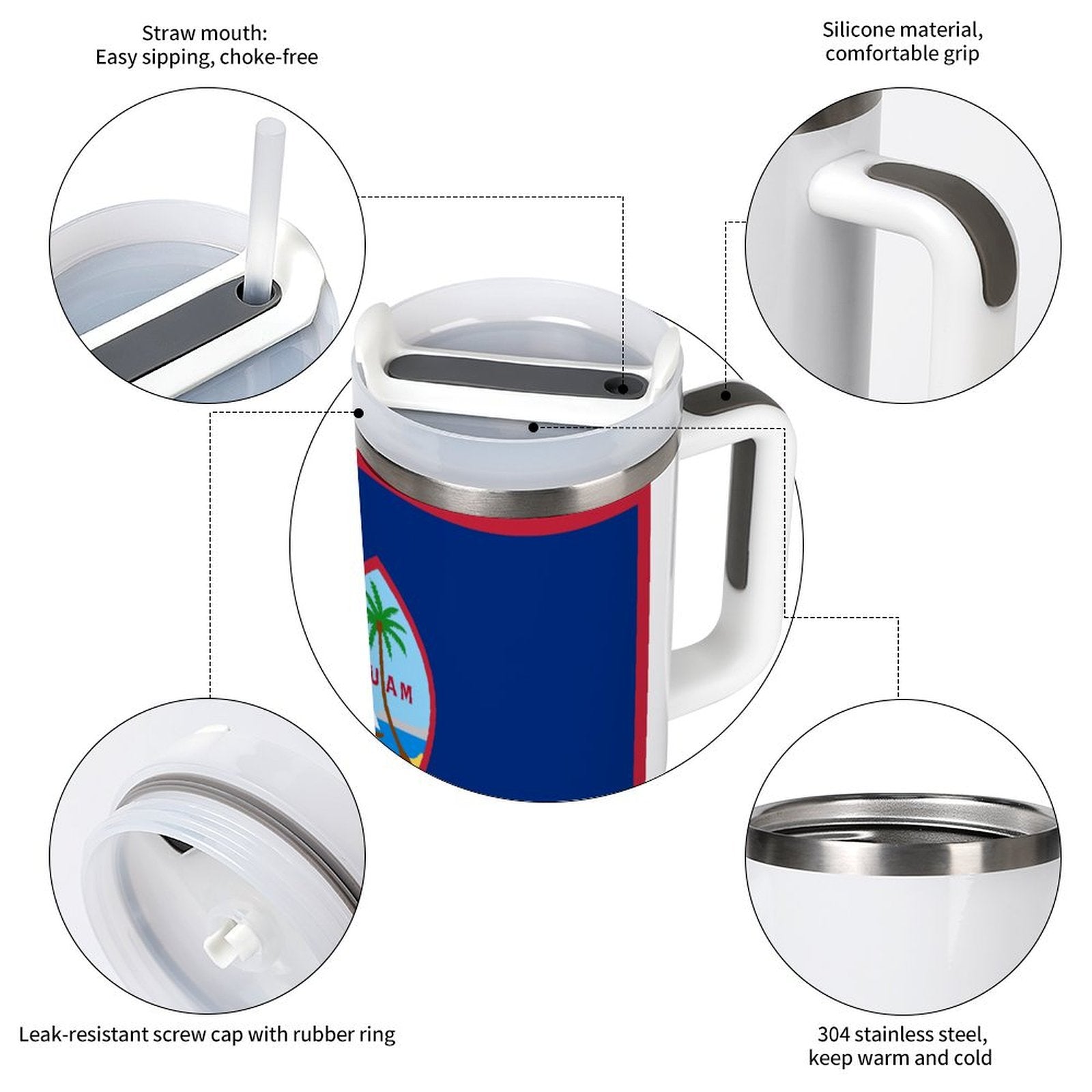 [Brand] insulated mug with steel, straw, silicone grip, cap.
