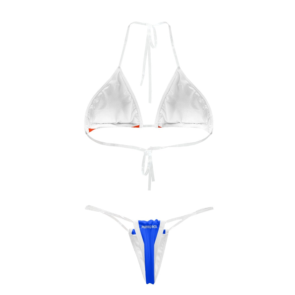 [Brand] bikini: white top, blue-bottom, "Puerto Rico" print, minimalist design.