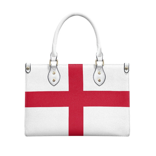 [Brand] handbag with England flag design, white, red cross.