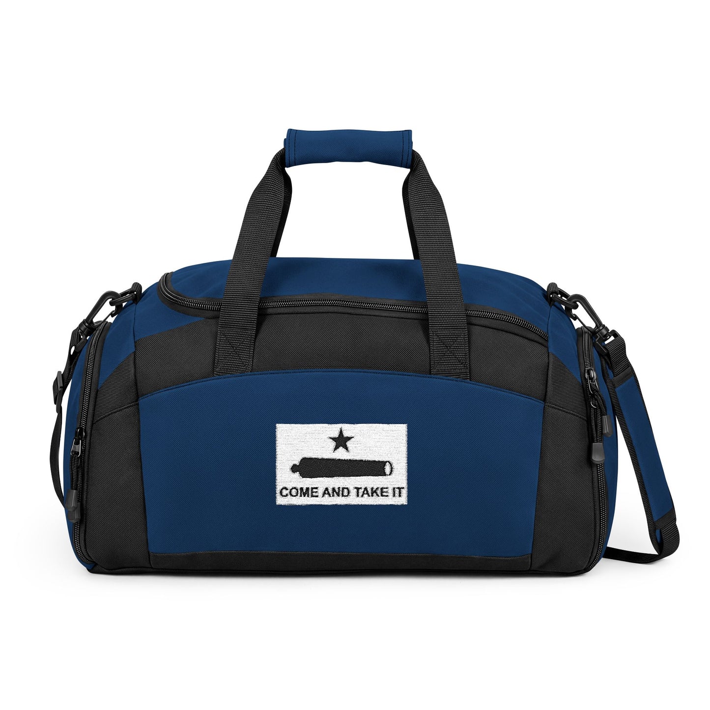 Come and Take It Flag Gym Bag — Black Duffle with Embroidered Come and Take It Flag