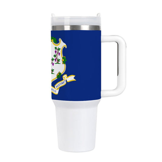 [Brand] travel mug with Connecticut state flag design, white handle.