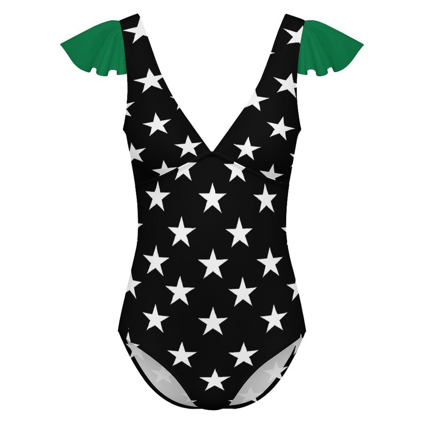 Thin Green Line Flag Inspired Women's V-neck Ruffle Sleeve One Piece Swimsuit