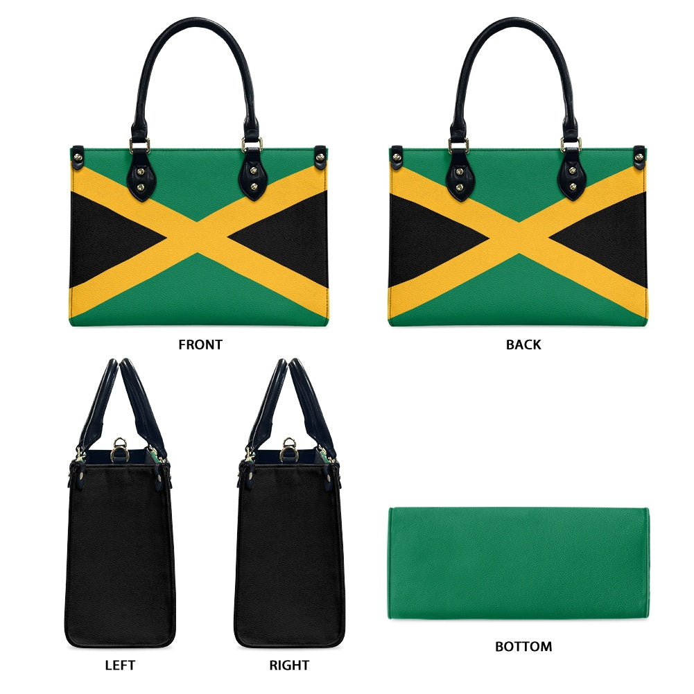[Brand] handbag, Jamaican flag design, front, back, sides, bottom.