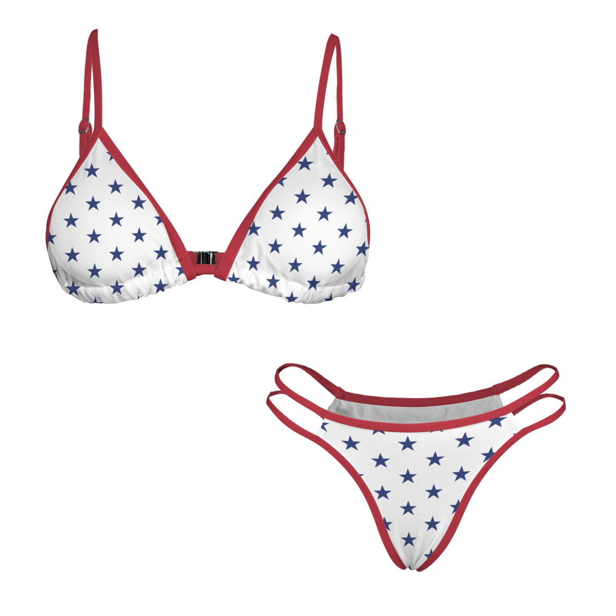 USA/American Flag Inspired Blue Stars w/Red String Double-Strap Triangle Bikini Set