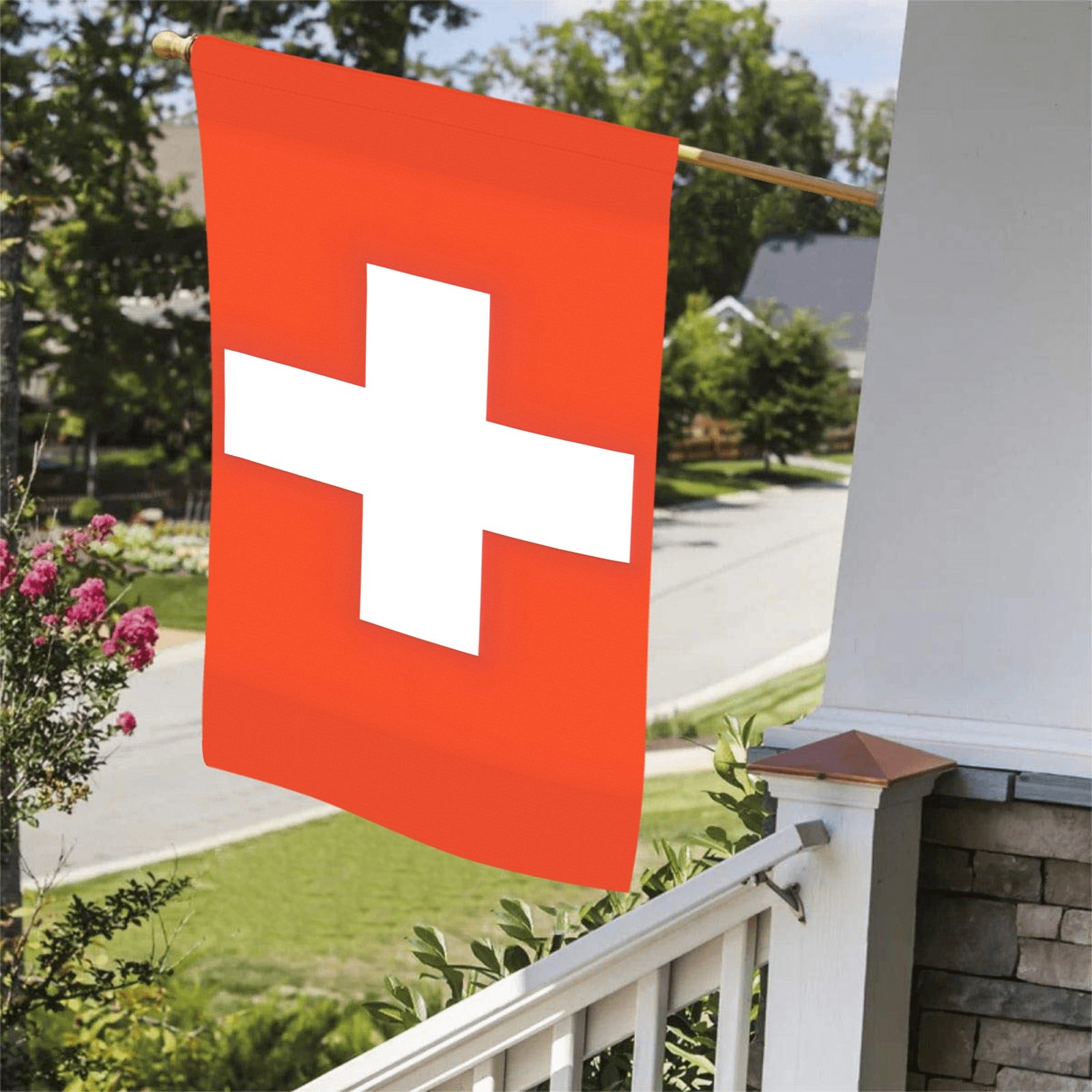 [Luv My Flag] Swiss flag displayed on porch railing.