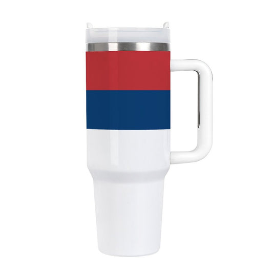 Travel mug with red, blue, white stripes by [Brand].