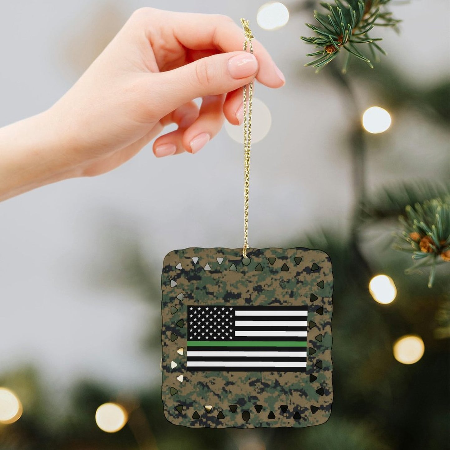 Thin Green Line Flag On Digital Camo Square Ceramic Ornament (Made in the USA)