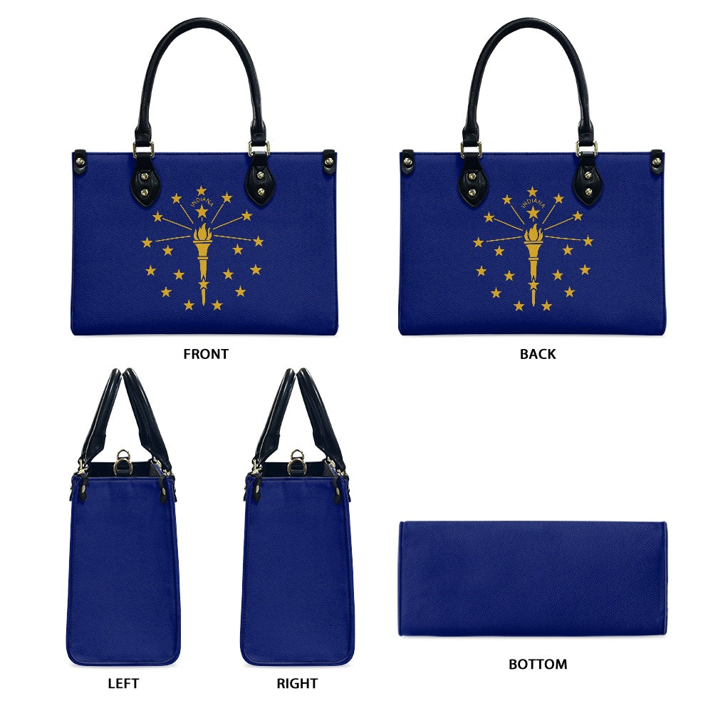 Blue handbag with torch design, multiple views, [Brand].