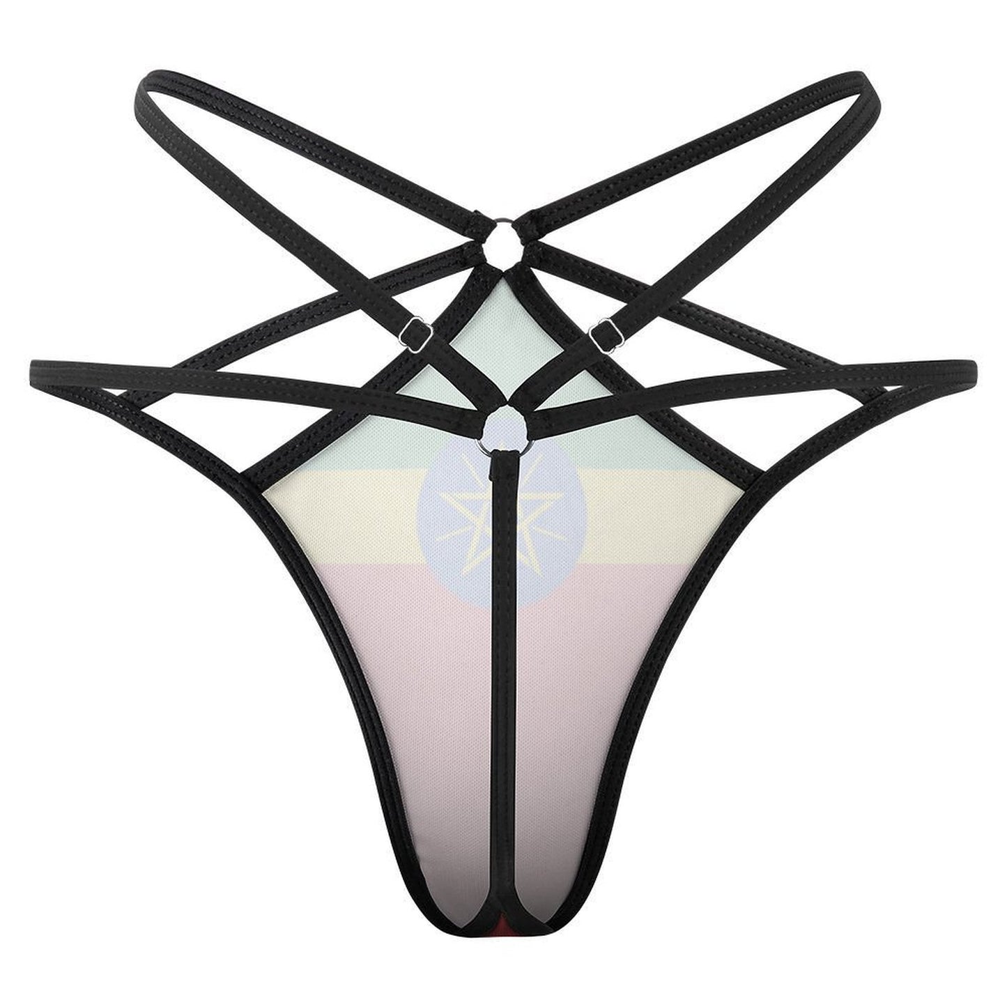 [Brand] black harness lingerie with abstract design and colors.