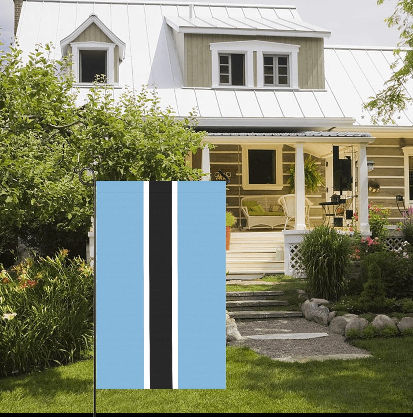 [Luv My Flag] blue striped flag outside charming house.