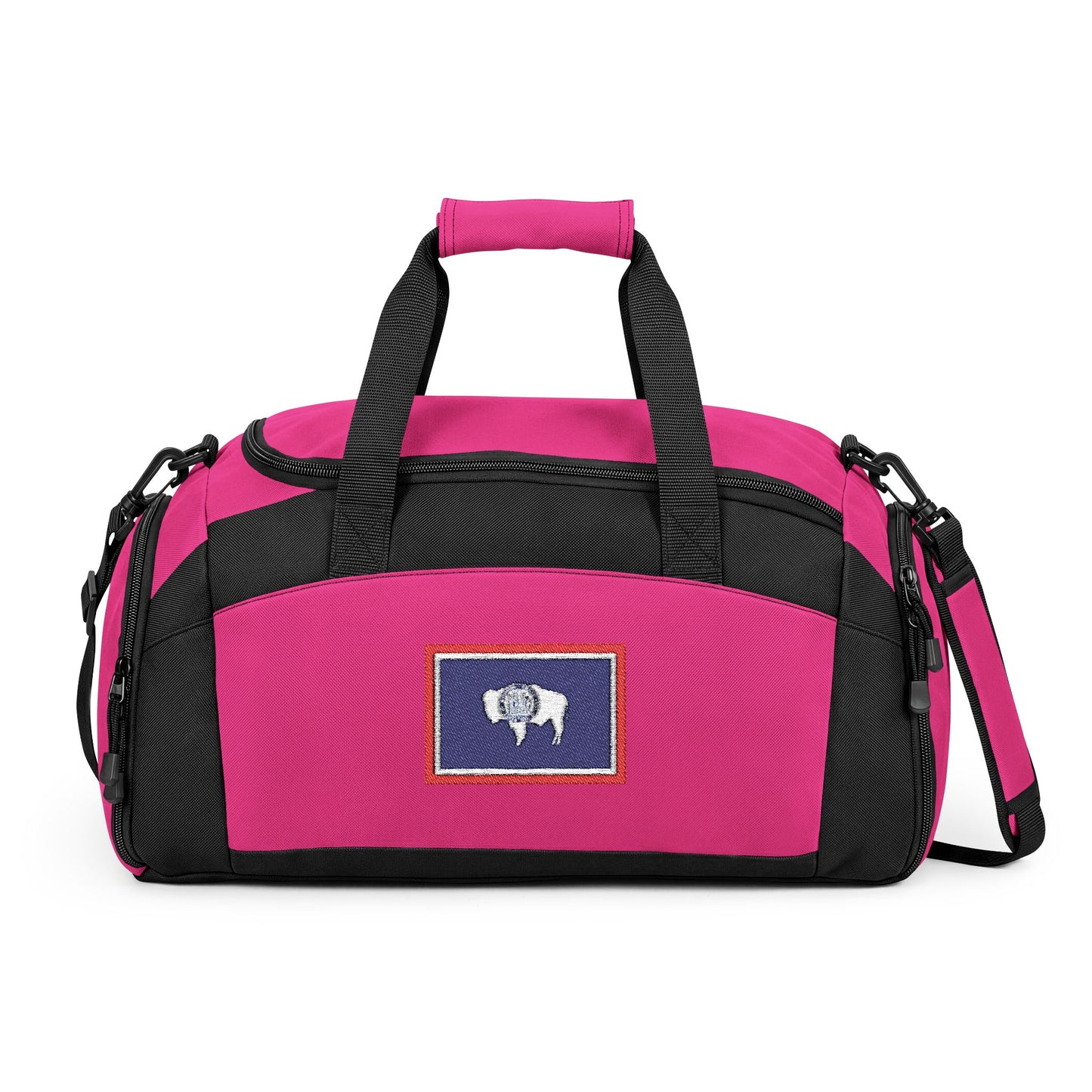 Wyoming Flag Gym Bag — Black Duffle with Embroidered Wyoming Flag