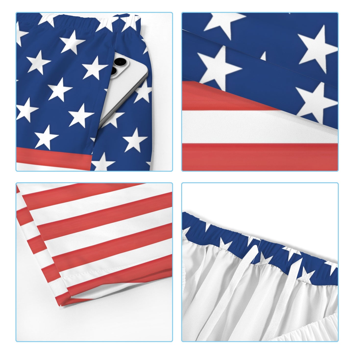 USA/American Flag Inspired Men’s Draw String Pocket Beach Shorts Printed in the USA