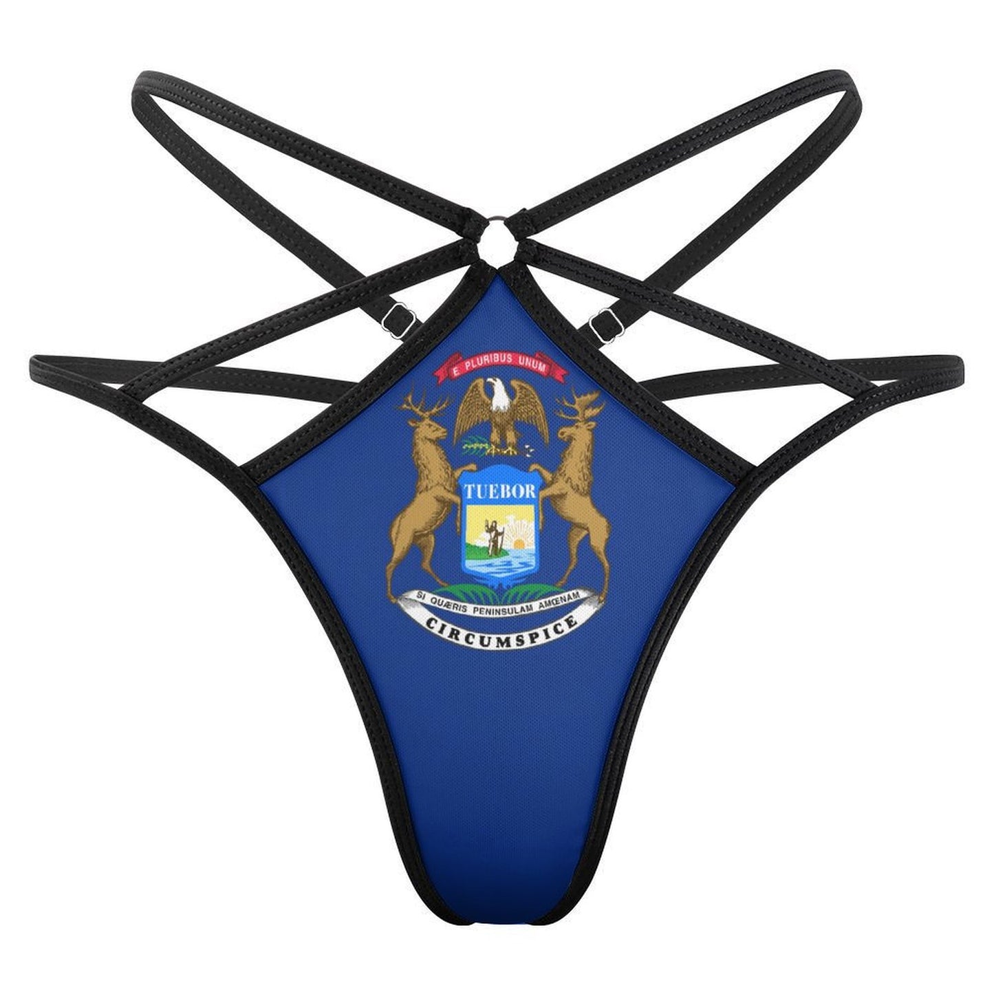 Strappy blue swimsuit featuring Michigan state flag design, [Brand].