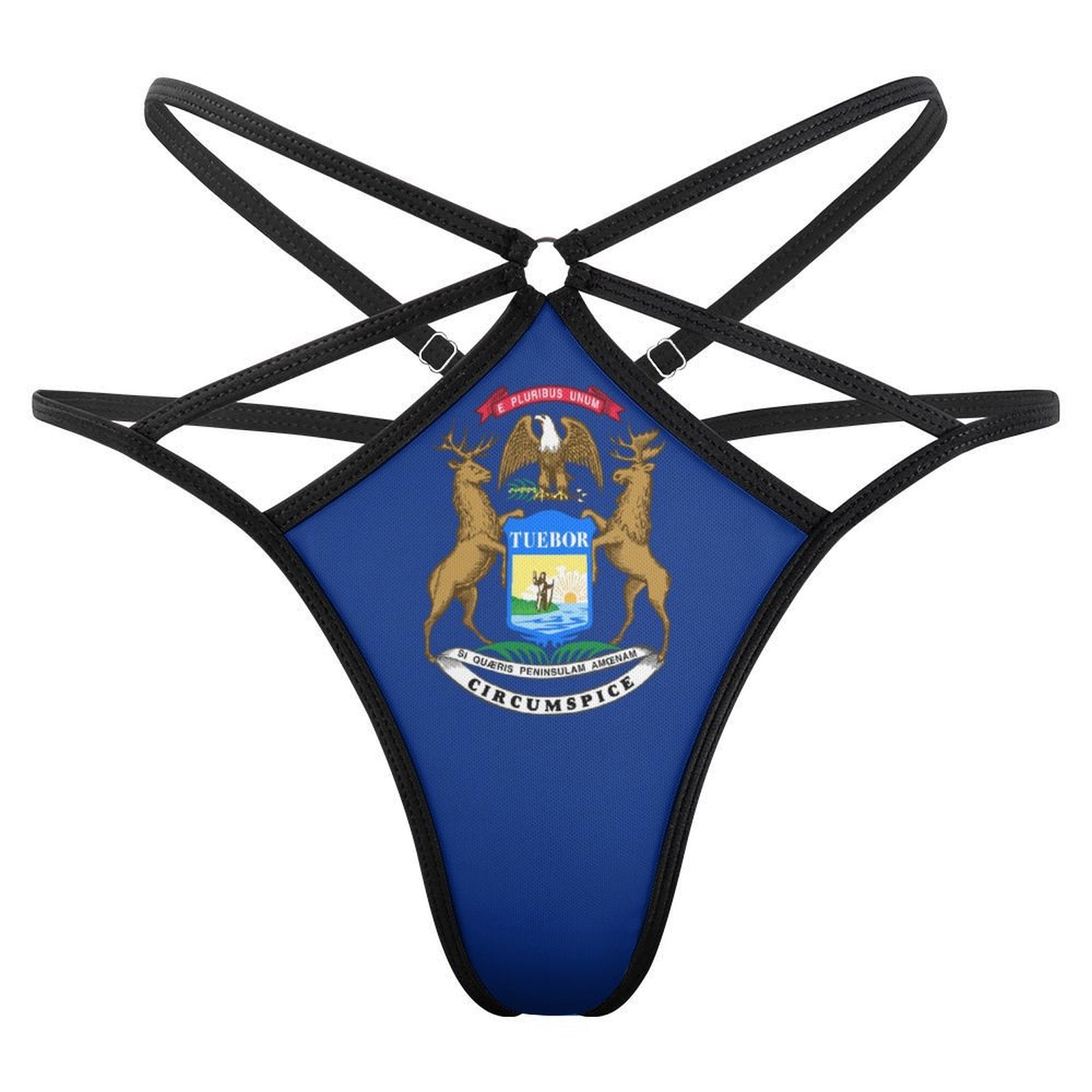 Strappy blue swimsuit featuring Michigan state flag design, [Brand].