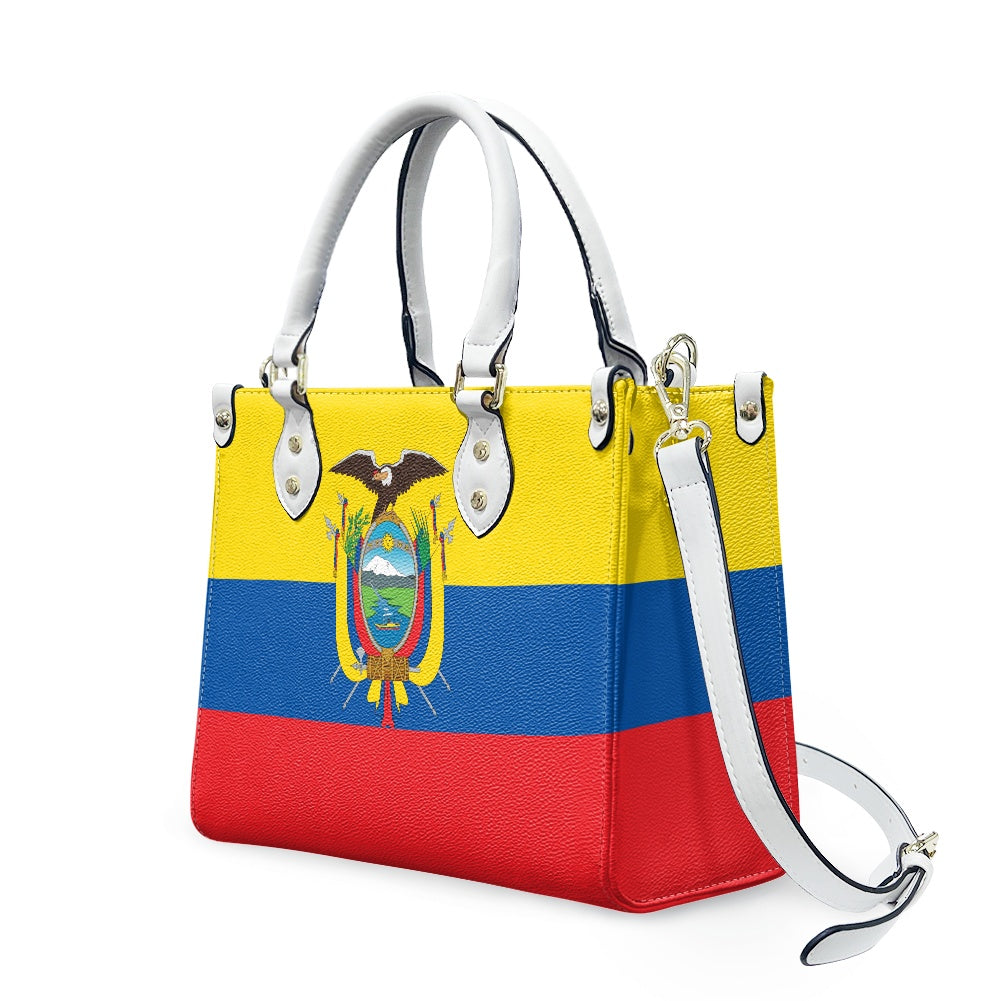 [Brand] handbag with Ecuadorian flag design, featuring adjustable strap.