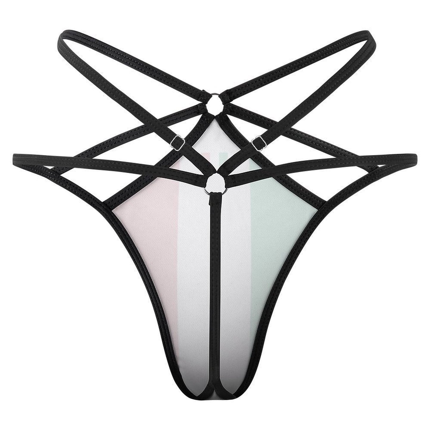 [Brand] strappy black harness against light pink and green.