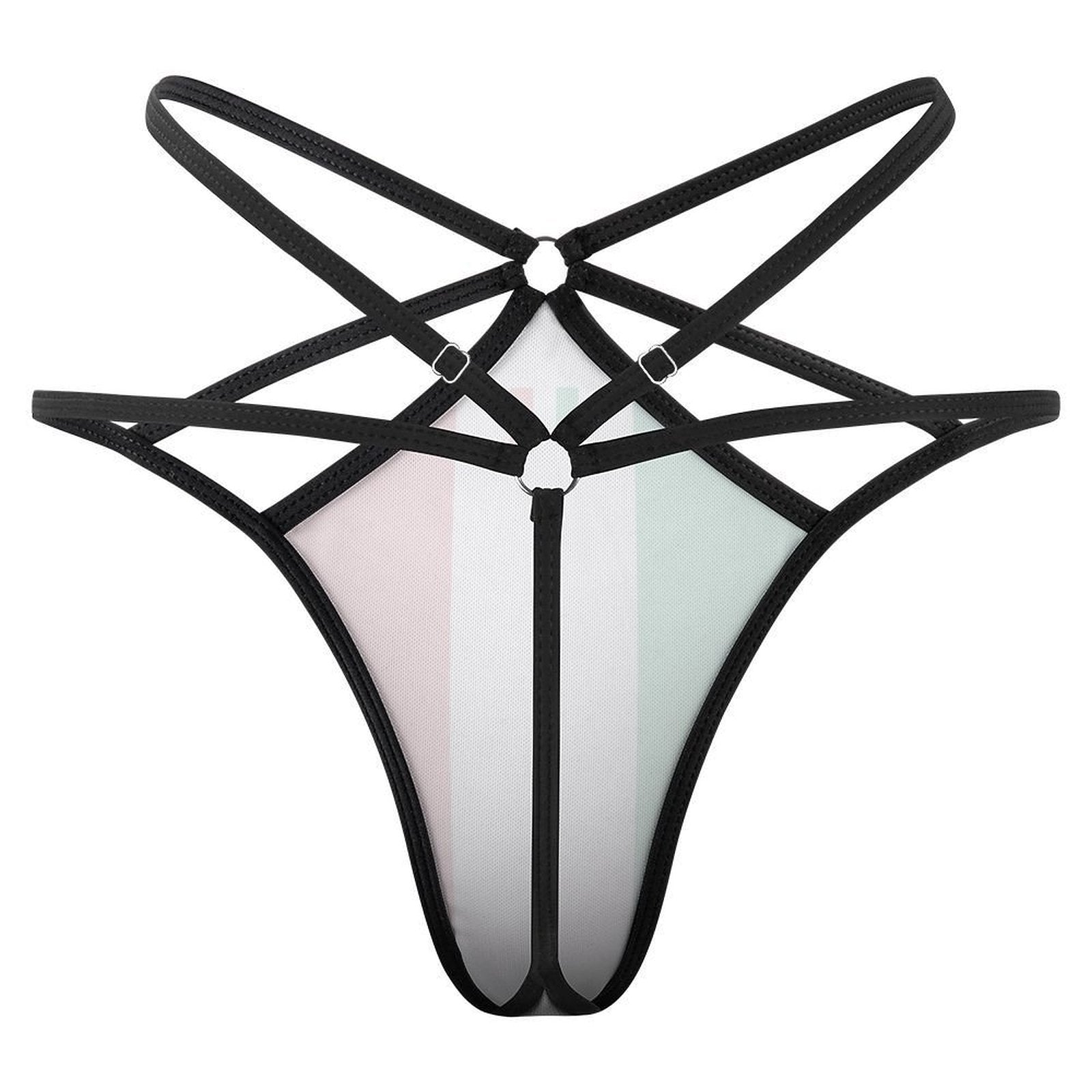 [Brand] strappy black harness against light pink and green.