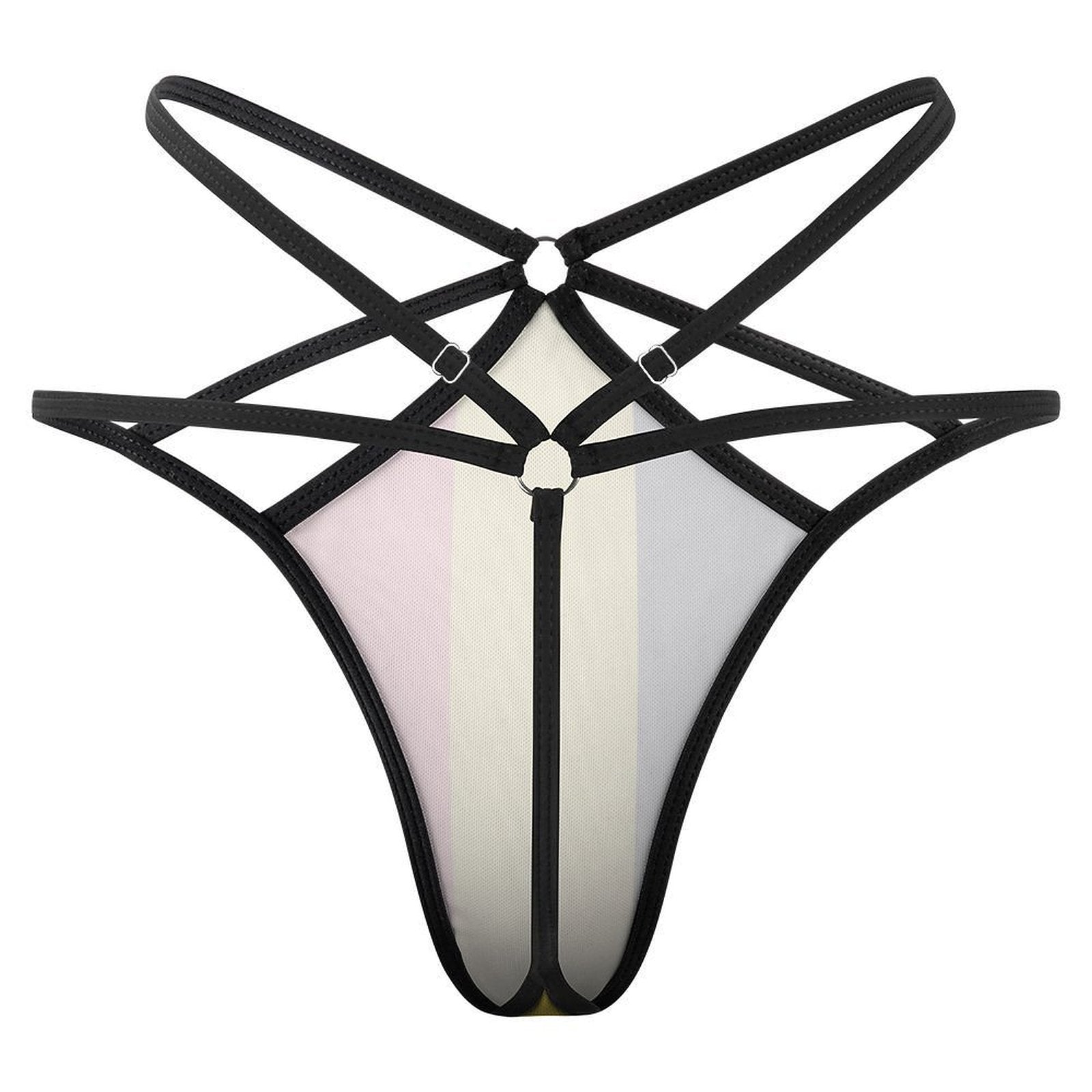 [Brand] black strappy bodysuit with pastel color panels.