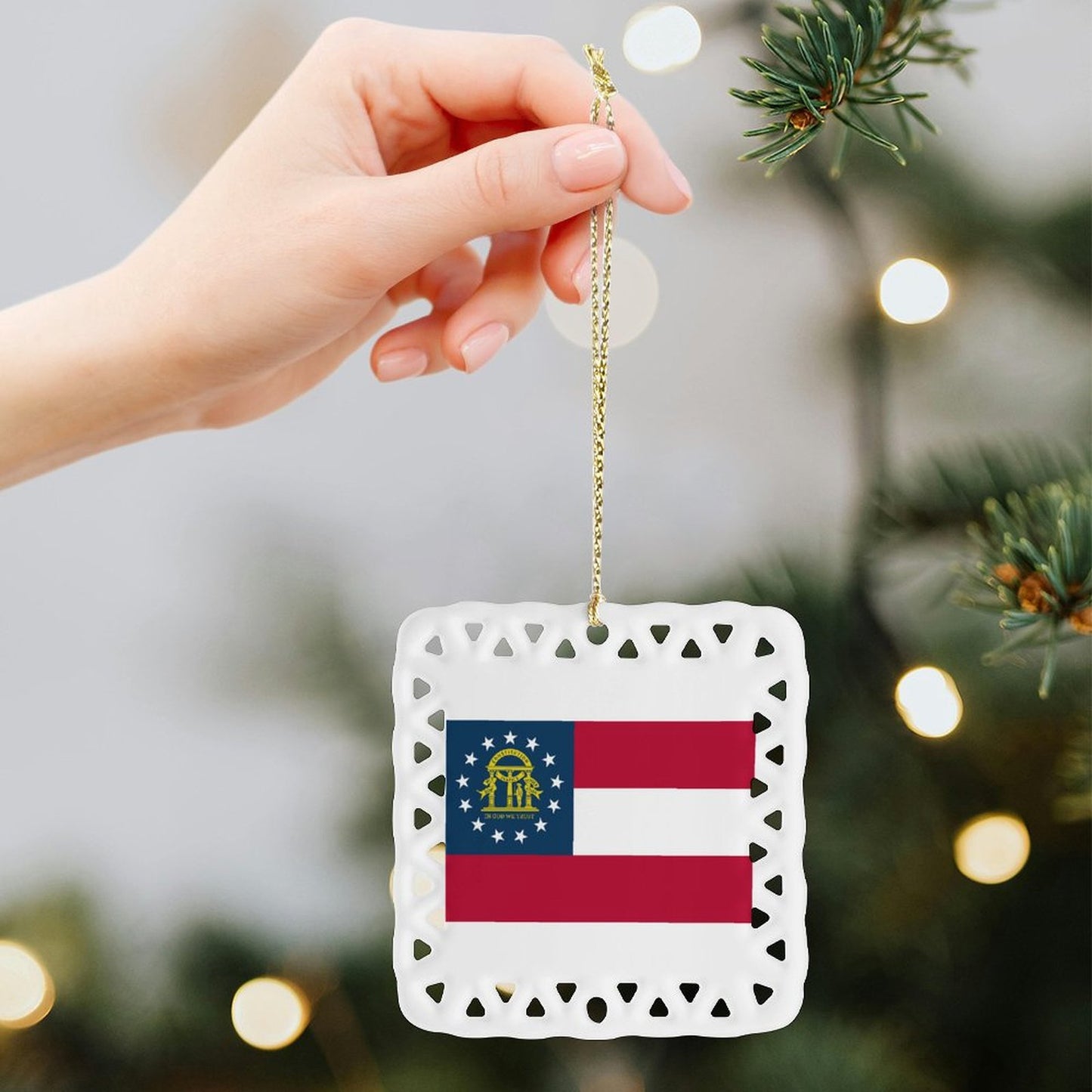 Georgia Flag Inspired Square Ceramic Ornament Made in the USA