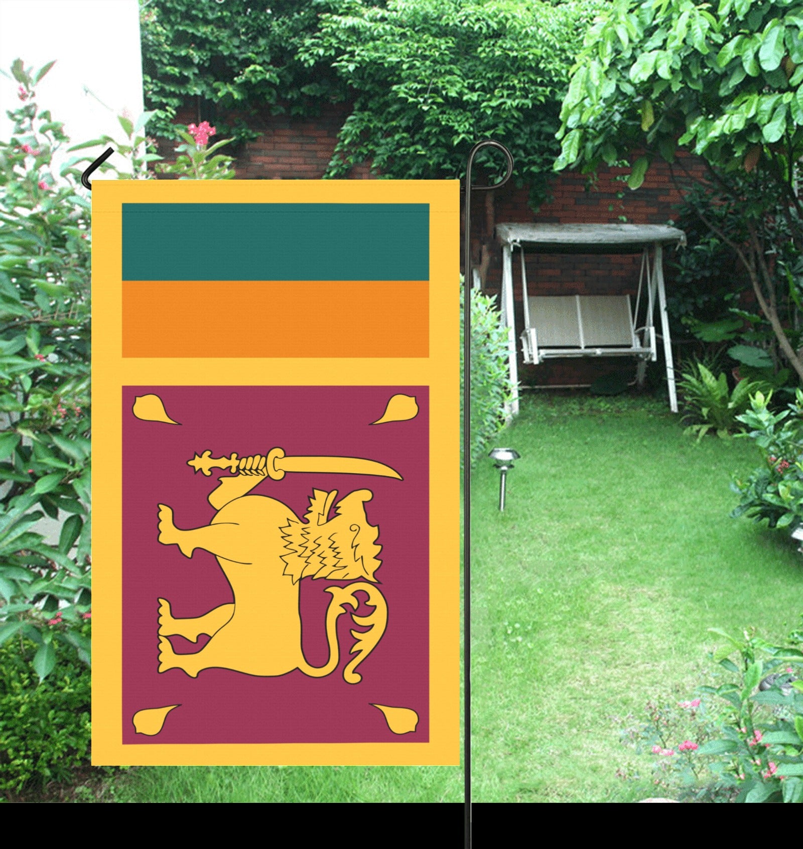Colorful garden flag by Luv My Flag, vibrant backyard.