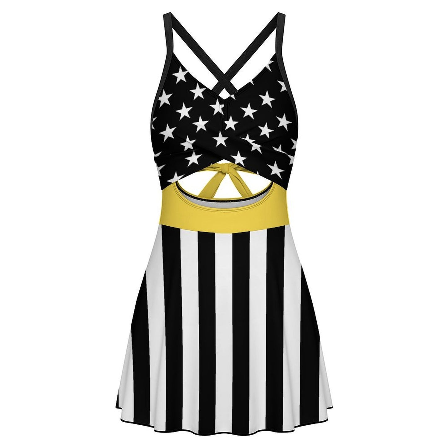 Thin Gold Line Flag Inspired Women's V-neck One-piece Swimsuit with Cutout