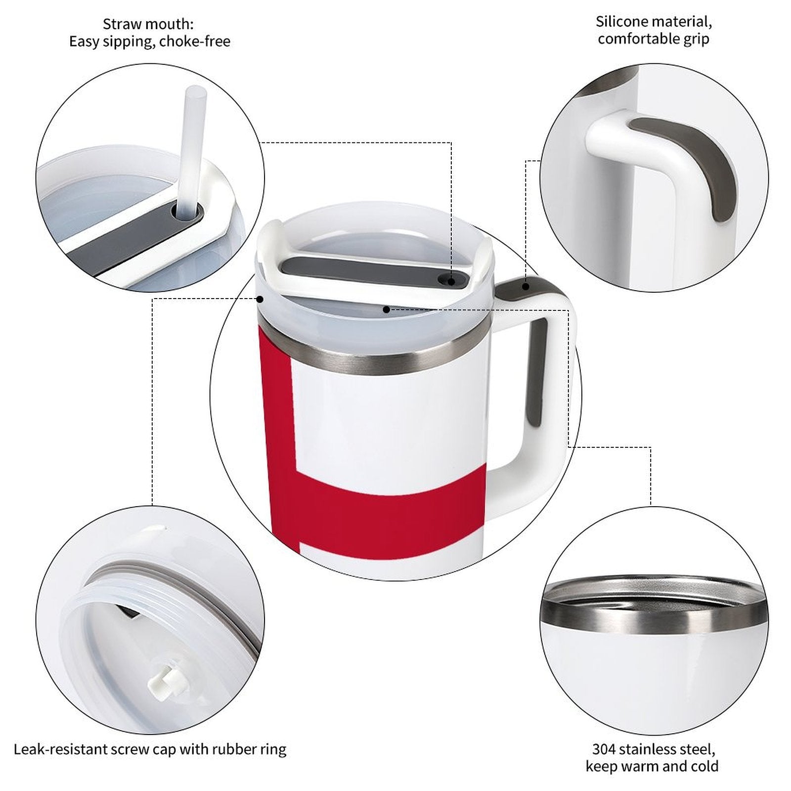 [Brand] tumbler with straw, silicone grip, stainless steel features.