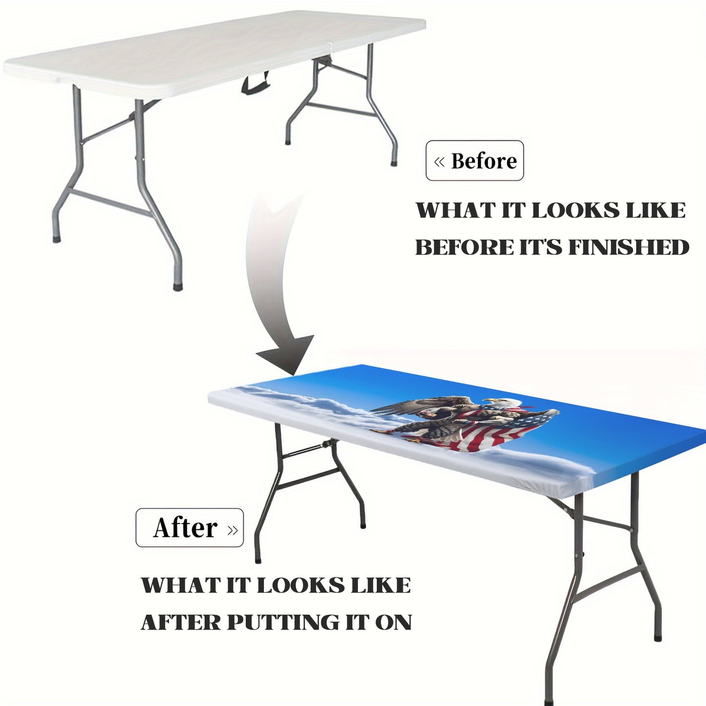 USA/American Flag Inspired Eagle with Cape in Clouds Custom Elastic Fitted Tablecloth 72x30 inch (Made in the USA)