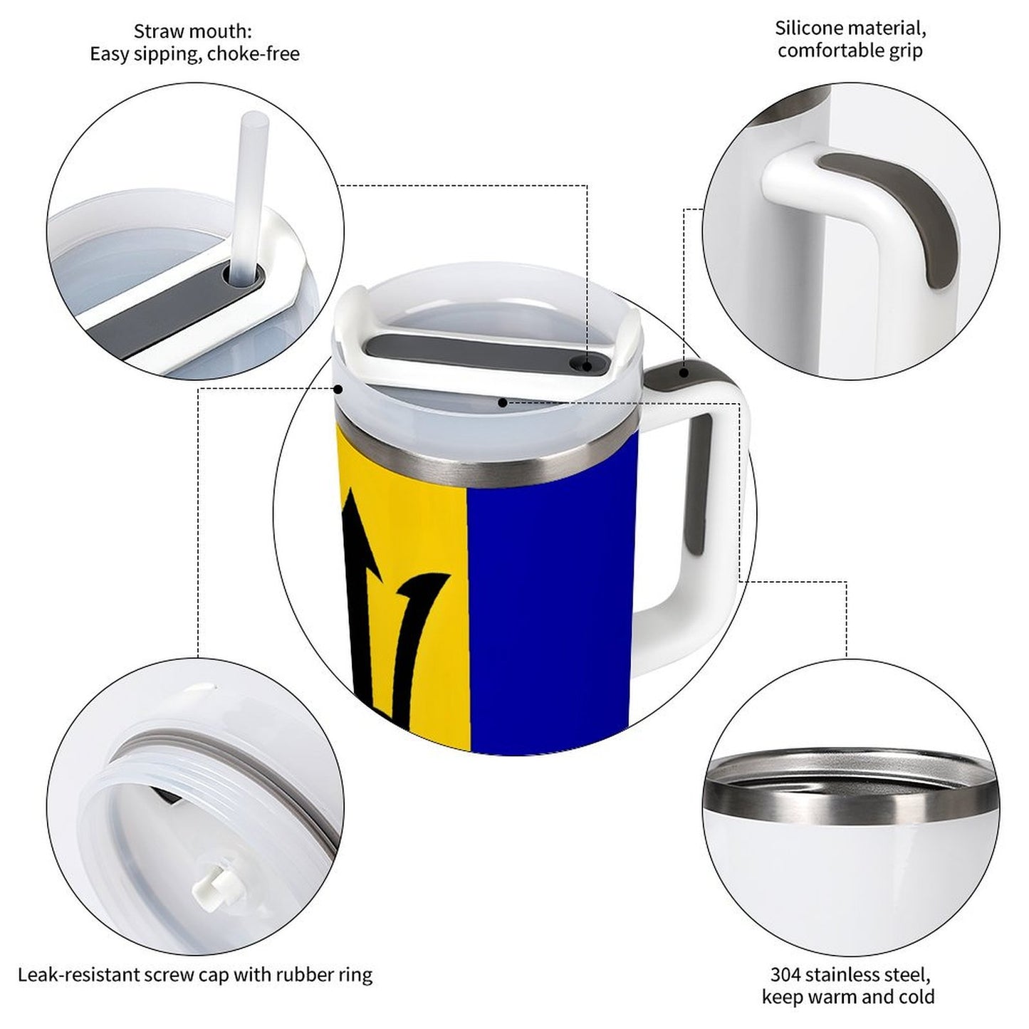 [Brand] insulated mug featuring straw mouth and comfortable grip.