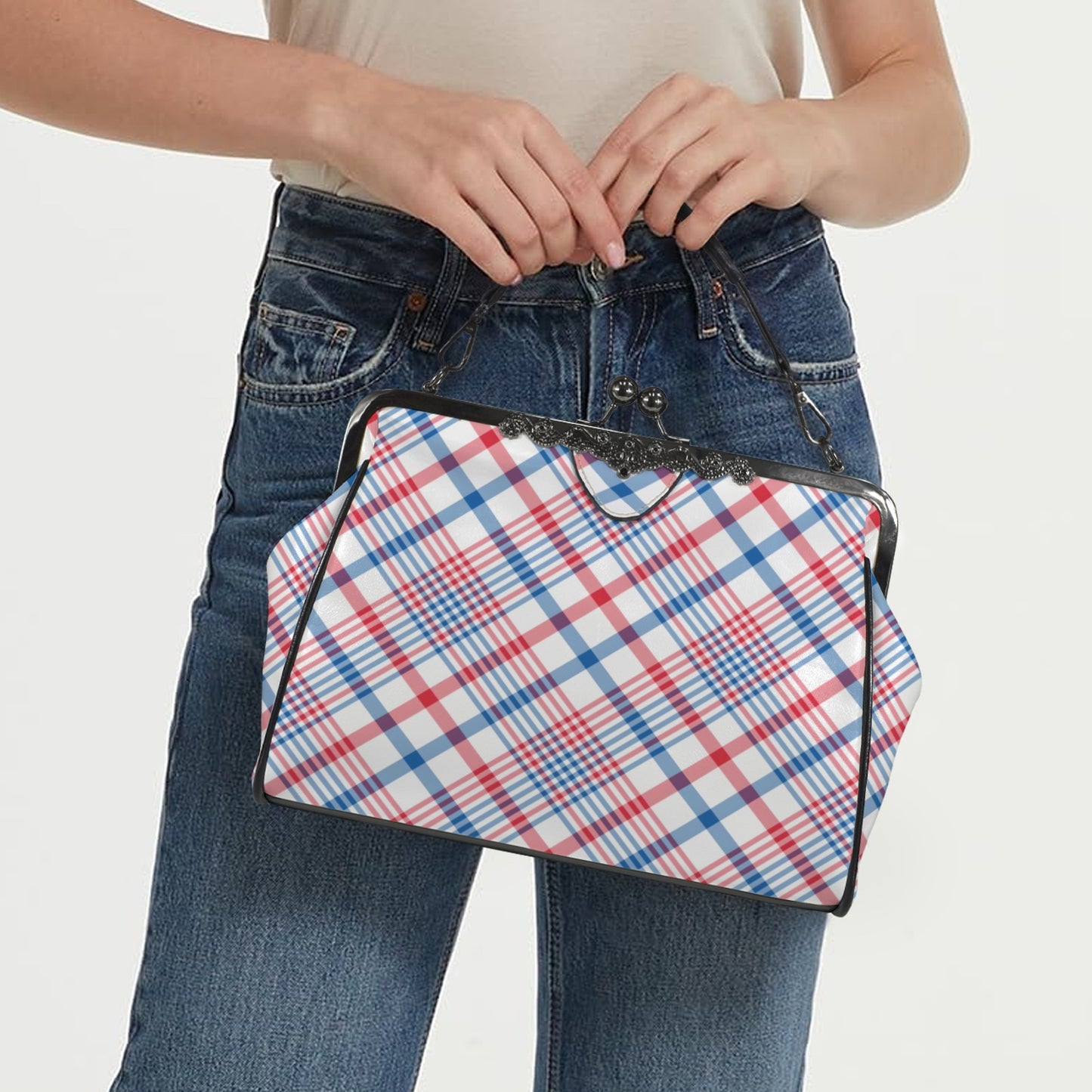 USA/American Flag Inspired Plaid Pattern Kisslock Crossbody Shoulder Bag